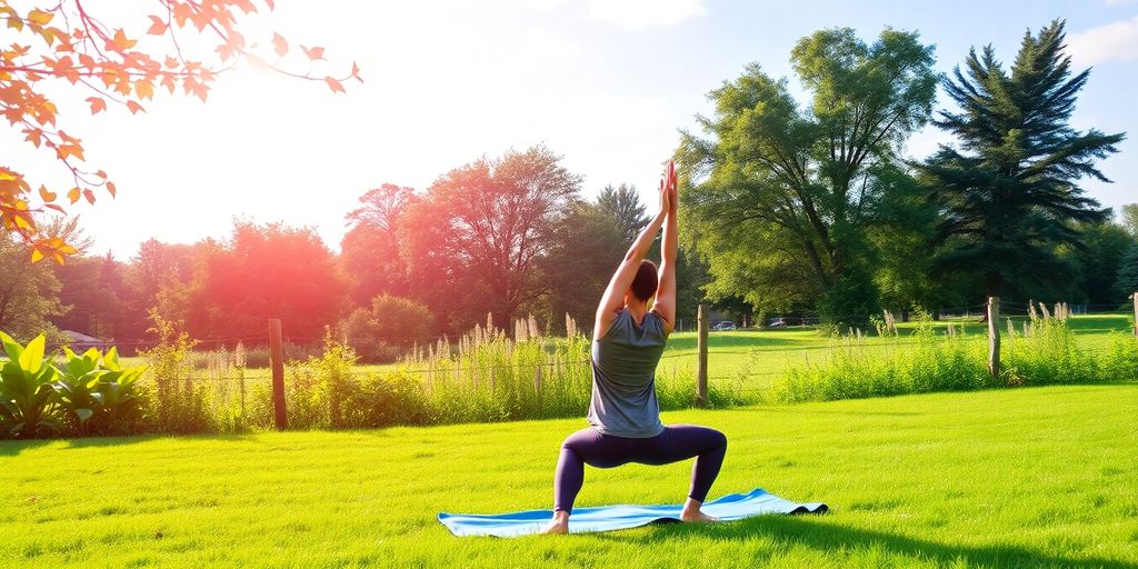 Gambar orang berlatih yoga di alam yang tenang.