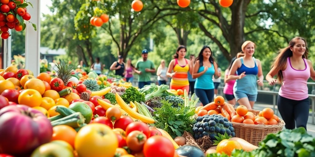 Orang berolahraga dan makanan sehat di alam terbuka.